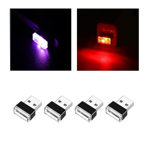 Ziciner 4 PCS USB LED Car Interior Atmosphere Lamp, Portable Mini LED Night Light, Plug-in USB Interface Trunk Ambient Lighting Kit, Universal Interior Accessories (Red+Purple) - color: Red+Purple