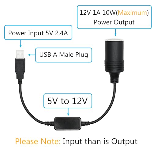 USB A Male to Cigarette Lighter Female Socket Power Cable 1FT, 5V USB to 12V Cigarette Lighter Socket Female Converter Adapter with Dust Cap, for Dash Cam, GPS and Other Low Power 10W Car Electronics