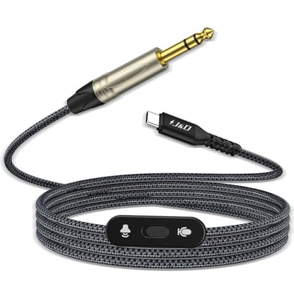 J&D USB C to 6.35 mm TRS Stereo Audio Cable, 2 in 1 Cord with Switch Button, Supports Recording and Playback, Compatible with iPhone 15/16, MacBook, iPad, Black, 6.6 Feet