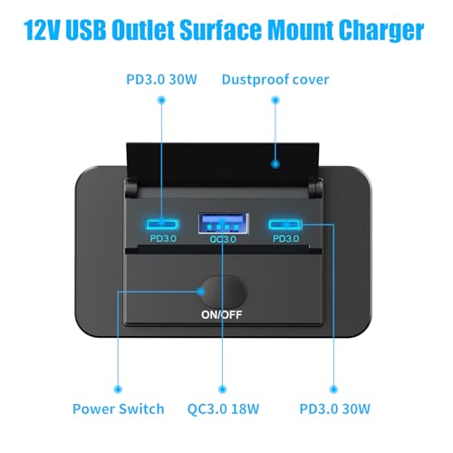 78W 12V USB Outlet Surface Mount Lightweight Dual USB C 30W and QC 3.0 18W Car USB Port, 12 Volt USB Cigarette Lighter Replacement Charger Socket Panel with Button Switch for RV Bus Marine Motorcycle - color: pack of one