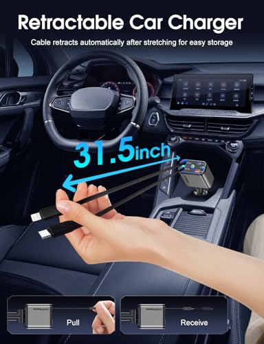 Retractable Car Charger 120W Fast Charging with Starlight,4 in 1 Universal Car Phone Charger,Built-in Type-C & Applehead Cable,Car Road Trip Retractable Accessory for iPhone,IPad,Samsung Galaxy,Pixel