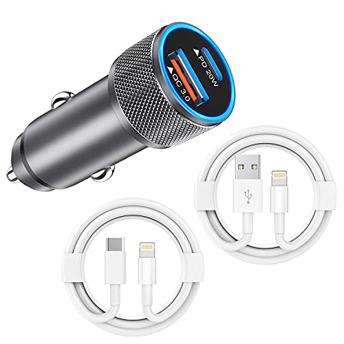 iPhone Car Charger,USB C Fast Car Charger[Apple MFi Certified] Apple Car Charging 38W Dual Port CarCharger Cigarette Lighter Adapter 2x3ft PD&QC 3.0 Lightning Cable for iPhone 14/13/12 Pro/11/Airpods - color: Grey