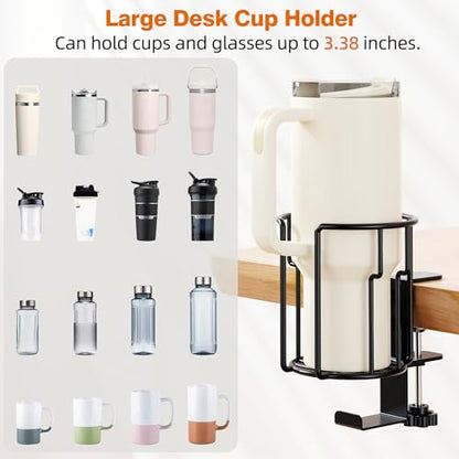 Large Desk Cup Holder, 2-in-1 Clip On Cup Holder with Headphone Hook, Heavy-Duty Metal Drink Holder for Insulated Tumblers, Big Water Bottles, Fits Office Desk Organizer, Dorm, Gaming Setup (1 Pack) - color: Black- 1 Pack
