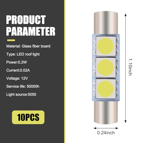 10 PCS Car T6 Vanity Mirror Sun Visor LED Light, 5050-3SMD 12V Flat Head Dual Tip 180 Degree Lighting Reading Lamp, Plug and Play Interior Lighting Kit, Suitable for Most Cars (White)