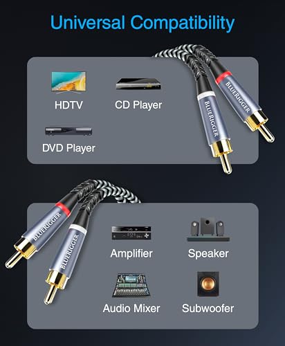 BlueRigger RCA Cable, 10FT (2RCA Male to 2RCA Stereo Audio Cable, Braided, Gold Plated, Subwoofer)- Compatible with Home Theater, Amplifier, Hi-Fi System, HDTV, Car Audio, Turntable, Receiver, Speaker - size: 10FT, style: 2RCA