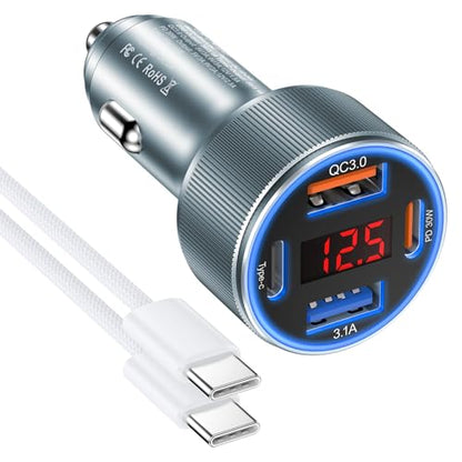 Car Phone Charger for iPhone 17 16 15, Besgoods USB C Car Charger Adapter 4 Ports with Voltmeter PD&QC Fast Charging Cigarette Lighter for Galaxy S25 S24 S23 A16 Dash Cam, with 6ft USB C to C Cable - color: grey charger+white cable