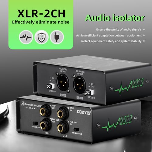 XLR-BOX Dual Channel Audio Noise Isolator/Buzz Canceller Does Not Affect Bass，Aluminum Housing Grounding Loop Noise RCA Isolator, Suitable for HiFi Stereo Home Theater Car Audio Players RCA/XLR/6.35