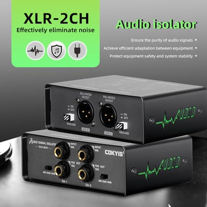 XLR-BOX Dual Channel Audio Noise Isolator/Buzz Canceller Does Not Affect Bass，Aluminum Housing Grounding Loop Noise RCA Isolator, Suitable for HiFi Stereo Home Theater Car Audio Players RCA/XLR/6.35