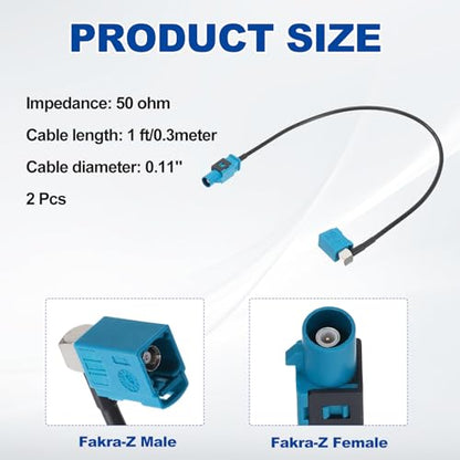 uxcell 2Pcs Antenna Extension Cable, 1ft/0.3meter Longer Fakra-Z Male to Right Angle Fakra-Z Female RF Coax Cable for Car Stereo Head Unit GPS Navigation FM AM Radio RG174 - size: 1ft/0.30m