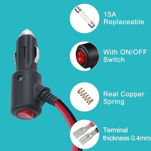 [2PACK] SPARKING 2FT 12 volt 15amp Male Cigarette Lighter Plug with Bullet Terminal - 12v Male Cigarette Lighter Plug with On Off Switch, 16AWG 12V DC Car Plug for Car Cooler,Cb Radio, Air Compressor - size: 2FT-2PACK