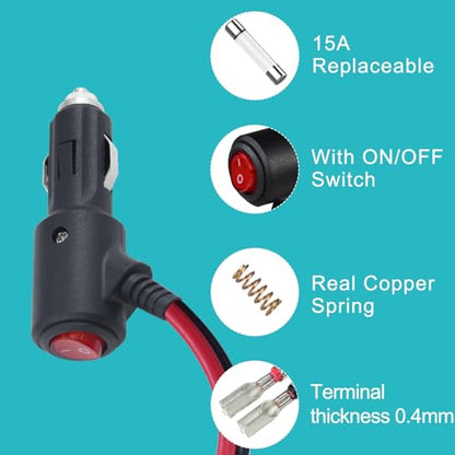 SPARKING 12Volt Replacement Cigarette Lighter Male Plug with On Off Switch - 2FT 12V Fused 15amp Cigarette Male Plug with 16AWG Lead, 12V DC Car Plug for Car Cooler,Cb Radio, Air Compressor - size: 2FT