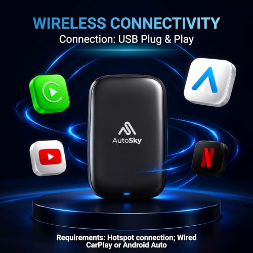 AutoSky AI Box Lite Air – Wireless Adapter for Factory CarPlay – Stream Personal Media & Online Apps via Phone Hotspot – Fast Plug & Play Performance – Works with Authorized Accounts