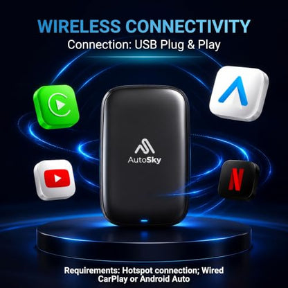 AutoSky AI Box Lite Air – Wireless Adapter for Factory CarPlay – Stream Personal Media & Online Apps via Phone Hotspot – Fast Plug & Play Performance – Works with Authorized Accounts