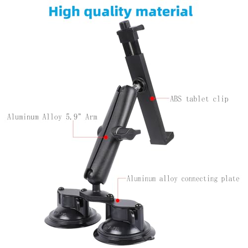 Tablet Mount with Dual Suction Cup Base for Truck Car Windshield, Aluminum Arm Heavy Duty Tablet Suction Holder for Window, Compatible with iPad Pro 12.9" Air Mini 6.5-13" Tablets
