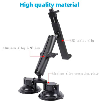 Tablet Mount with Dual Suction Cup Base for Truck Car Windshield, Aluminum Arm Heavy Duty Tablet Suction Holder for Window, Compatible with iPad Pro 12.9" Air Mini 6.5-13" Tablets
