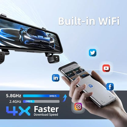 12'' Rear View Mirror Camera,4 Channel Mirror Dash Cam 4K+3x1080P,Dash cam Front Rear Inside Back up Camera,WiFi,GPS,Voice Control,8IR Night Vision,Parking Monitor,Free 64GB SD - size: 4 Channel Dash Cam+64GB