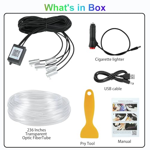 YUGUANG 5 in 1 Interior Car Lights Strip, Multicolor APP Control Music Sync RGB LED Car Ambient Lighting Kit with 236 inches Fiber Optic Cables