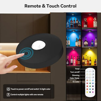 Rechargeable Puck Lights with Remote, 3 Pack Magnetic Under Cabinet Lighting, 1500mAh Battery Operated LED Tap Lights with Dimmer & Timmer for Kitchen, Closet, Shelf - 3 Color Temps & 12 RGB, Black - color: Black