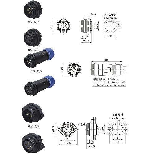 SP21 12pin Screw Panel Mount Industrial Connector Waterproof Aviation 5A 400V Plastic Male Cable Plug Female Socket Durable Plastic Blue Shell Quick Connection for Solar Power Station - style: 12pin