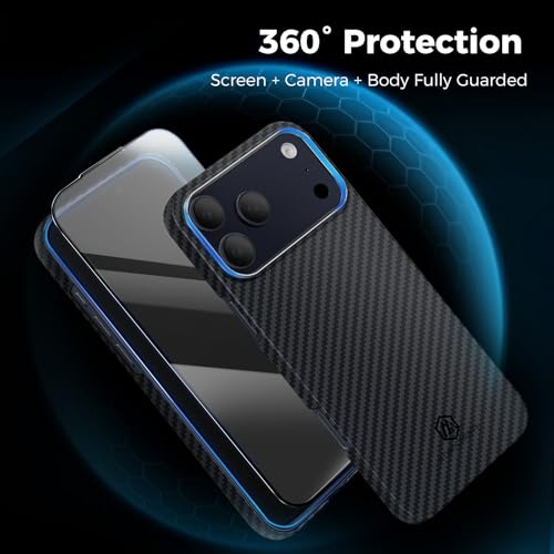 MONOCARBON Aramid Fiber Case for iPhone 17 Pro, Ultra-Thin & Light 6.3in Hard Cover with [Metal Camera Frame], [1500D Aramid Fiber Woven],[MagSafe Compatible], [Easy-Grip]+[Free Screen Protector] - size: for iPhone 17 Pro