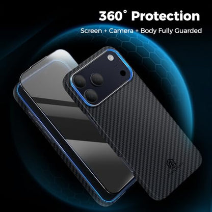 MONOCARBON Aramid Fiber Case for iPhone 17 Pro, Ultra-Thin & Light 6.3in Hard Cover with [Metal Camera Frame], [1500D Aramid Fiber Woven],[MagSafe Compatible], [Easy-Grip]+[Free Screen Protector] - size: for iPhone 17 Pro