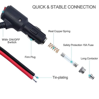 12V 12Volt Fused Replacement Cigarette Lighter Male Plug with On Off Switch - 12FT 12Volt 15amp Male Cigarette Lighter Plug with Bare Wire,12V Cooler Cigarette Plug Replacement with Led Lights - size: 12FT