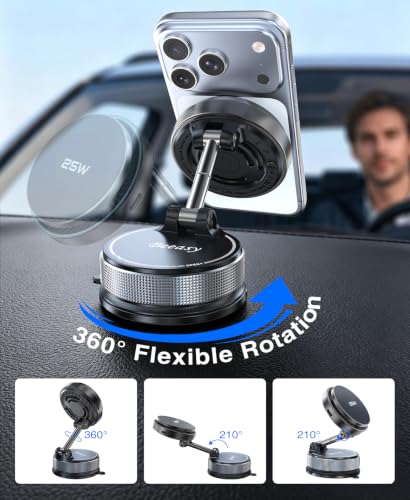 Beeasy 25W Qi2.2 MagSafe Car Mount Charger Built-in Cooling Fan, Upgraded Vacuum Suction Cup 360° Rotation, Magnetic Wireless Car Charger with 63W Adapter for iPhone 17 16 Pro Max Samsung S26 Ultra