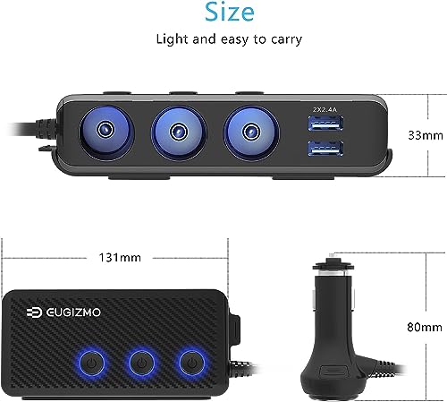 EUGIZMO 7 in 1 Car Cigarette Lighter Splitter,3 Socket 200W Charger Adapter