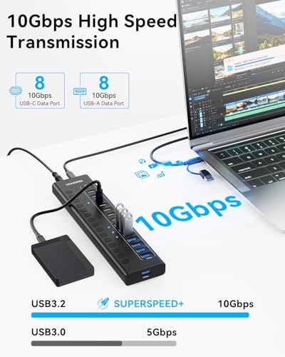VANGREE Powered USB Hub,16 Ports 10Gbps USB C Hub, 8*USB-A 3.2+8*USB-C 3.2