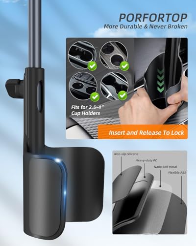 3 in 1 Tablet Holder for Car Bottle, 360°Rotatable & Aluminum Telescopic Arm Sturdy Rod Cup Holder Tablet Mount for iPad Pro 12.9/11/10.5/9.7/Air/Mini 6/5/4, iPhone 17/16/Pro, 4.7-12.9" Tab & Phone