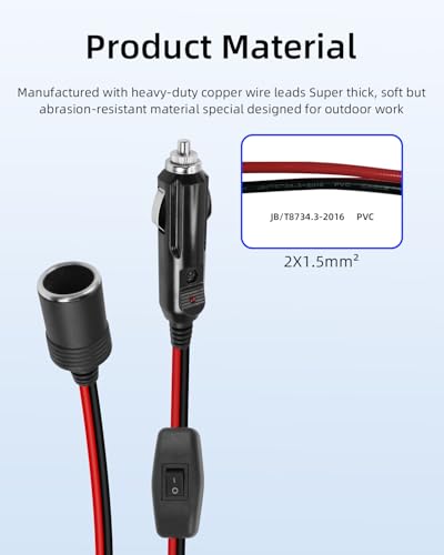 12V 24V Cigarette Lighter Male Plug to Socket Power Cable,16 AWG Heavy Duty 15A Car Cigarette Lighter Male to Female Outlet Extension Cord with On Off Switch for Cars,Boats, etc.(0.6M/2FT)