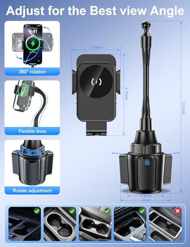Cup Holder Phone Holder, 15W Wireless Car Charger Holder Fast Charging - color: Black