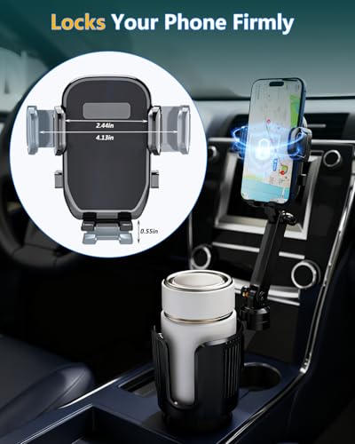 Cup Phone Holder for Car Cup Holder with Expandable Base, Detachable Dual Cellphone Holder Cupholder Car Mount with Long Arm Universal Fit iPhone and Large Bottle, for Truck SUV - color: Black
