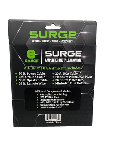 Surge 8-Gauge Car Amplifier Wiring Kit – 20ft Green Power Cable, 20ft RCA Interconnect, 30ft Speaker Wire, Mini-AGU Fuse Holder, Split Loom & Accessories – Car Audio Amp Install Kit