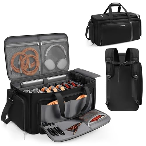 Large DJ Cable Organizer Bag, Padded Gig Bag with 8 Detachable Divider, Travel DJ Mixer Backpack for Musicians, Professional Multi-Pocket for 17" Laptop, Microphone, Cord, Headset & Music Accessories