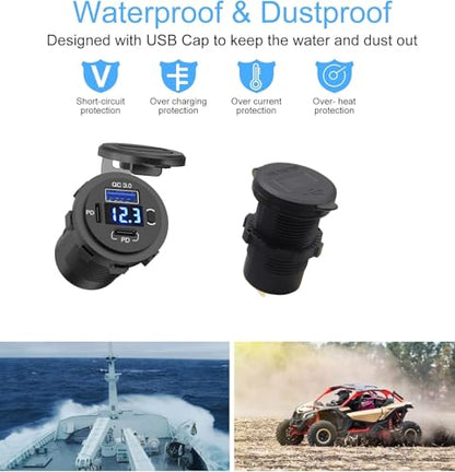 2 Pack 12V USB Outlet, QC3.0 & PD Dual Car Charger with Voltmeter & Switch - color: 2PD+1QC