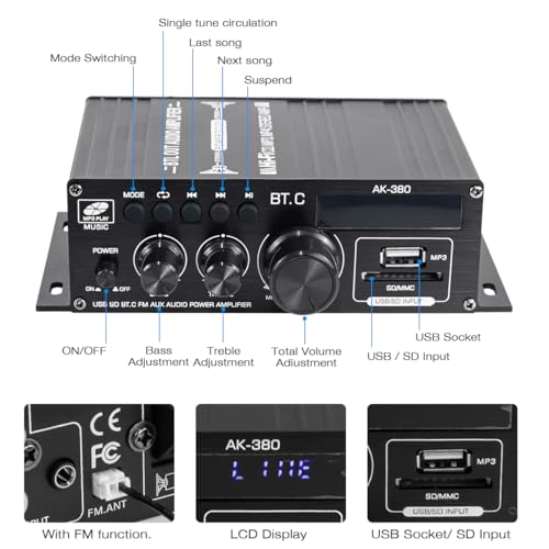 Hosyond Bluetooth 5.0 Audio Amplifier 400W+400W 2.0 CH AMP HiFi Stereo Treble Bass Audio Receiver for Passive Speakers Theater System AK-380