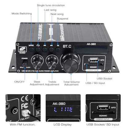 Hosyond Bluetooth 5.0 Audio Amplifier 400W+400W 2.0 CH AMP HiFi Stereo Treble Bass Audio Receiver for Passive Speakers Theater System AK-380