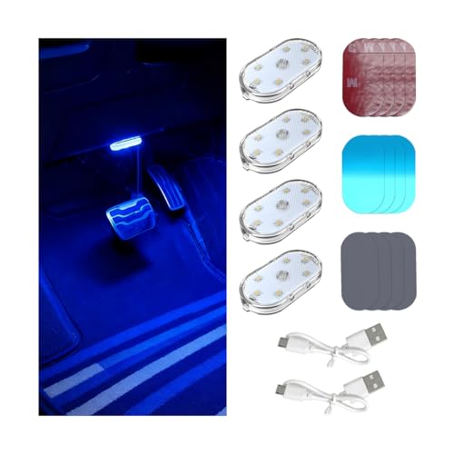 4PCS Car Interior Wireless Led Lights, 6 Bright LED Lamp Beads Magnetic Vehicle Ambient Light, Portable Touch USB Rechargeable Automotive Night Lighting Accessories, Universal Fit (Blue) - color: Blue, size: Touch Control