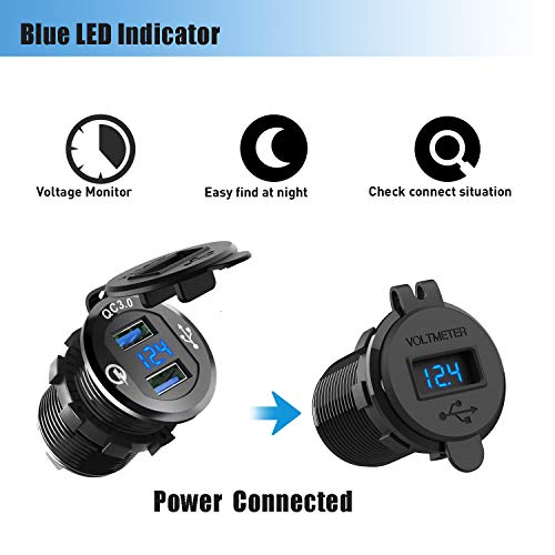 Quick Charge 3.0 Dual USB Car Charger Socket 12V/24V 36W QC3.0 Dual USB Fast Charger Aluminum Socket Power Outlet with LED Voltmeter for Marine, Boat, Motorcycle, Truck, Golf Cart - color: Blue