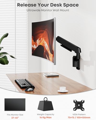 Heavy Duty Single Monitor Arm Wall Mount fits 27-45 Inch Flat/Ultrawide - size: 27 - 45 Inch, style: Single Arm