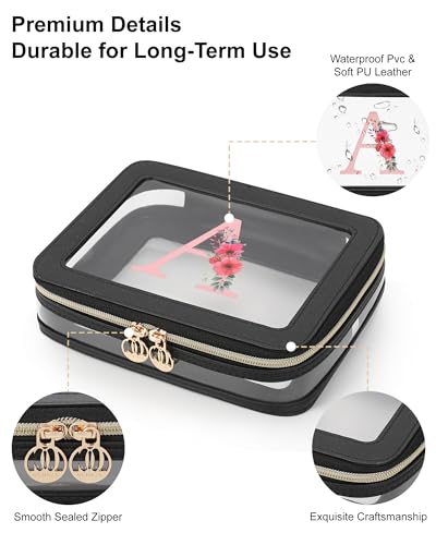 Relavel Personalized Initial Clear Makeup Bag, PU Leather Waterproof Travel Toiletry Bag with Zipper, Portable Skincare Pouch Car Organizer Bag, Idea Gifts for Women Girls, Black C - size: Medium, style: C