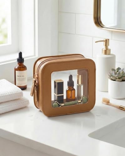 LETGO Clear Makeup Brush Bag Pouch, Waterproof PU Leather Portable Makeup Bag Holder with Transparent Window, Travel Lipstick Case Pouch Car Organizer and Storage, Square, Brown - color: Brown, style: Square