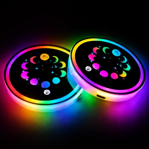 2Pcs Moon Car LED Cup Holder Lights, 7 Colors Light Up Car Coasters - color: Moon & Star