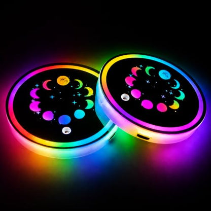 2Pcs Moon Car LED Cup Holder Lights, 7 Colors Light Up Car Coasters - color: Moon & Star