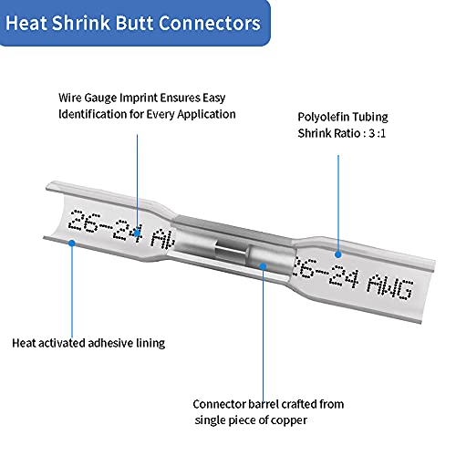 Heat Shrink Butt Connectors, 200 Pcs Clear 26-24 AWG Insulated Waterproof Electrical Heat Shrink Wire Connectors Automotive Marine Wire Crimp Terminals Butt Splices for Boat, Car - size: 200Pcs 26-24 AWG