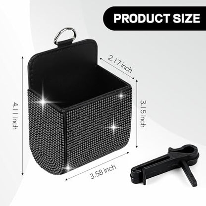 Car Vent Storage Organizer, Rhinestone Car Air Vent Leather Storage Pouch, Bling Automotive Hanging Bag Pocket Case, Universal Auto Mount Cell Phone Sunglasses Coin Holder (Black) - color: Black