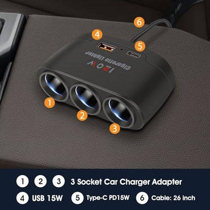 5 in 1 Cigarette Lighter Splitter, 3 Socket Car Charger Adapter + Type-C PD15W Charging + USB Charging Ports, Plug Outlet for All Car 12V/24V Devices
