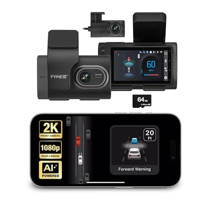 Type S T200 AI Driver Assistance Dash Cam Powered by ADAS, 1440p, Collision Alerts, Lane and Pedestrian Detection, Vehicle Departure Reminders, Front Rear 2 Channel Smart 24/7 Video Surveillance - style: 2K