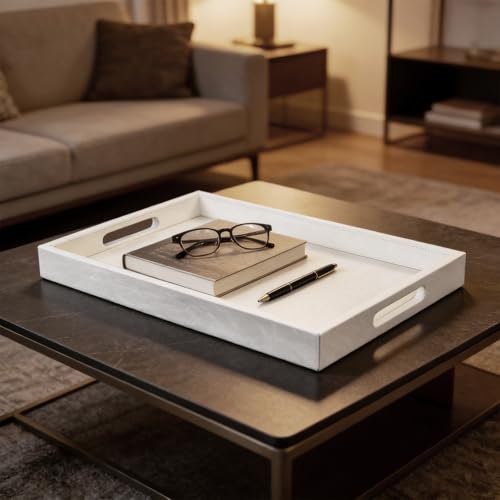 18 x 12 inches Leather Ottoman Serving Tray with Hole Handles, Rectangle Modern Service Tray for Living Room, Coffee Table, Bed, Tea, Food, Butler Countertop, Kitchen, Dinner, Picnic (White) - color: White, size: 18" x 12" x 2"